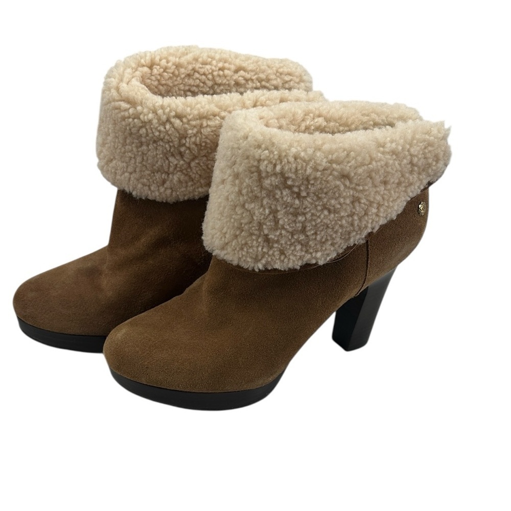 Ugg Dandy-Lion Heeled Boots Chestnut shearling Suede booties Size 6